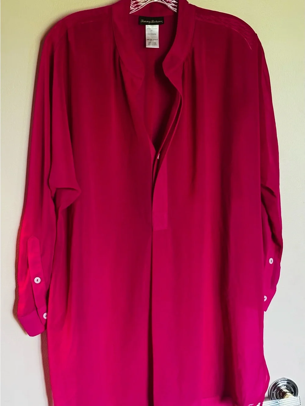 Tommy Bahama Mandarin Collar Tunic- Sheer Bright Pink Swim Cover-Up Blouse